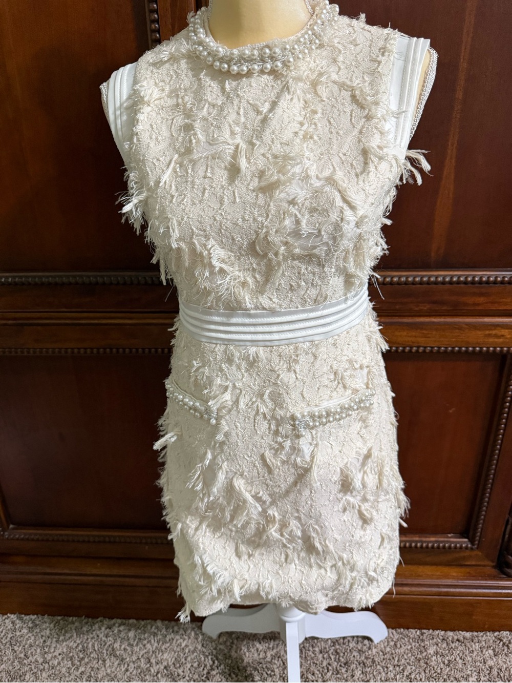 Elegant Cream Pearl-Trim Sleeveless Dress